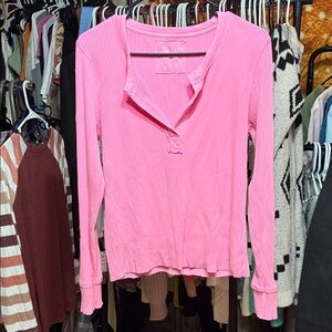 Aerie Pink Ribbed Long Sleeve Henley Top Crossover Neck Raw Hem size xl